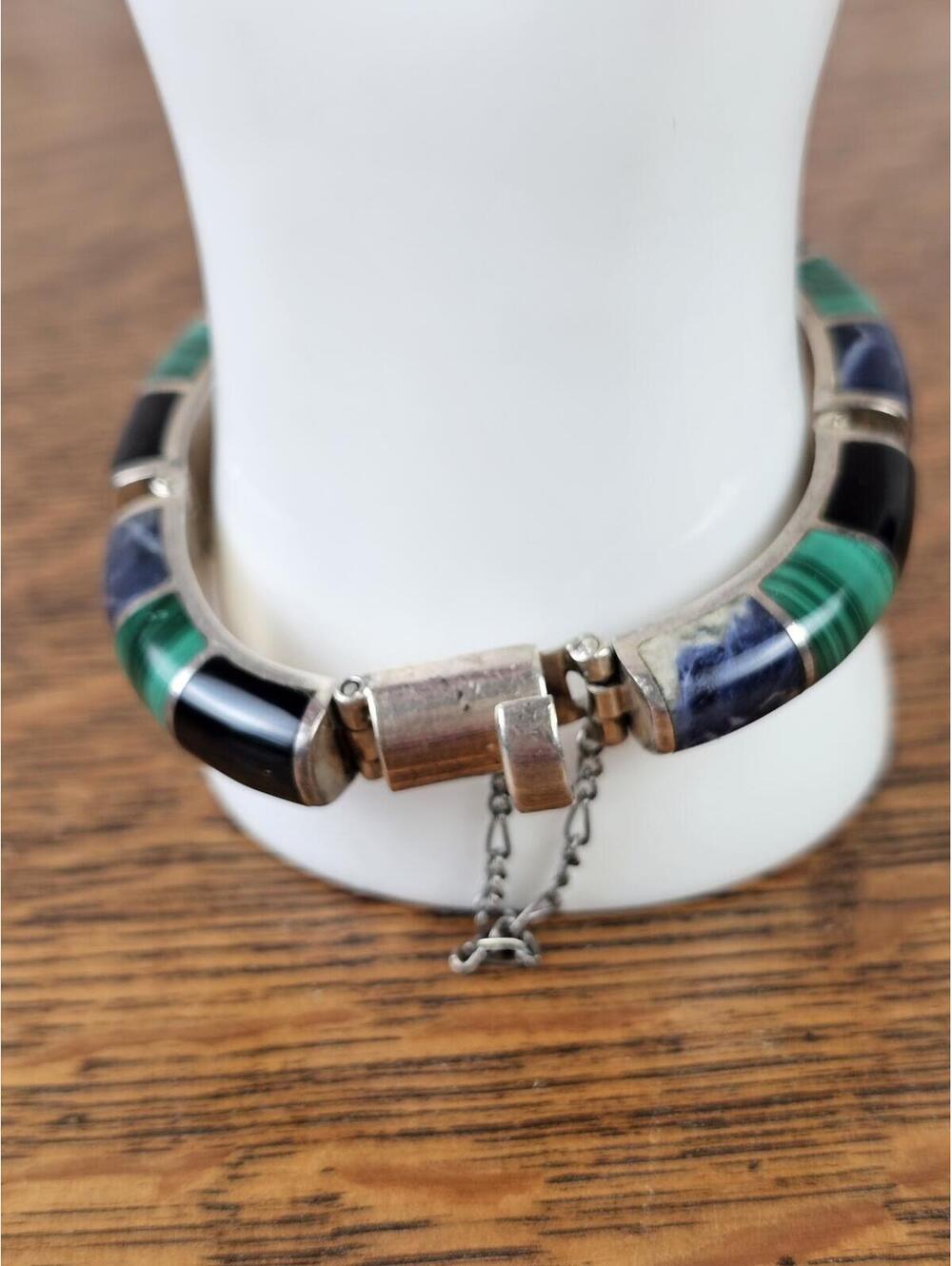 Vintage Taxco Mexico 950 Silver Malachite Sodalite Onyx Inlay Bracelet 70g 7" - Picture 6 of 11